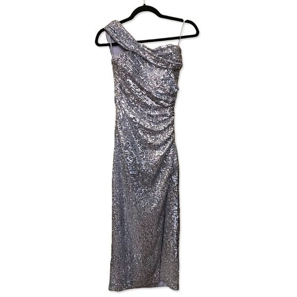 Jonathan Simkhai Zay Hammered Sequin Draped Bustier Midi Dress silver party FWRD - Picture 7 of 10